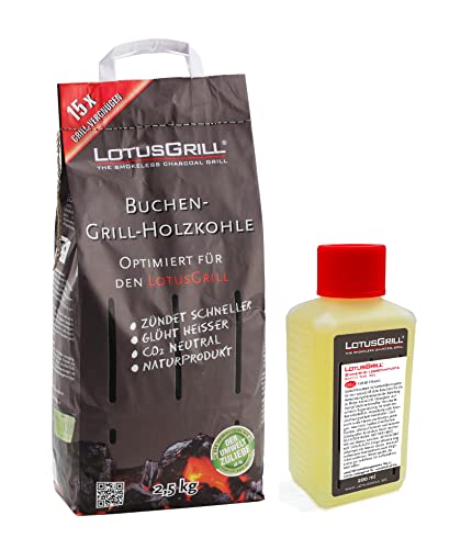 Bolsa de carbón de haya LotusGrill de 2,5 kg, con pasta combustible LotusGrill de 200 ml, ambas desarrolladas para asar a la parrilla con LotusGrill
