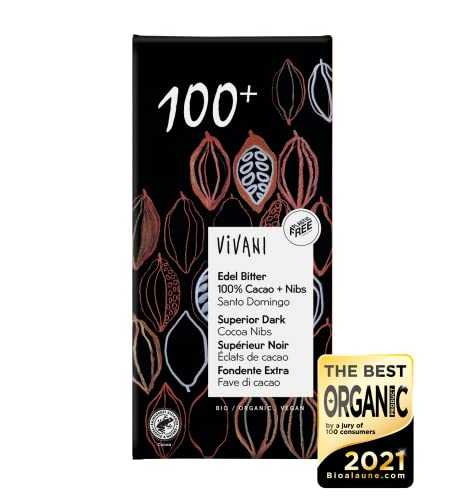Vivani Chocolate Negro Superior 100% con Nibs de Cacao | Chocolate Negro Gourmet | Vegano y Bio | Edición Grande | Paquete 10 Unidades x 80 gr