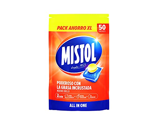 Mistol All In One - 50 Pastillas Para Lavavajllas - Pack ahorro XL - Óptima desincrustación, cuida la vajilla, rápida disolución y 0 residuos - Gran eficacia y poder antigrasa