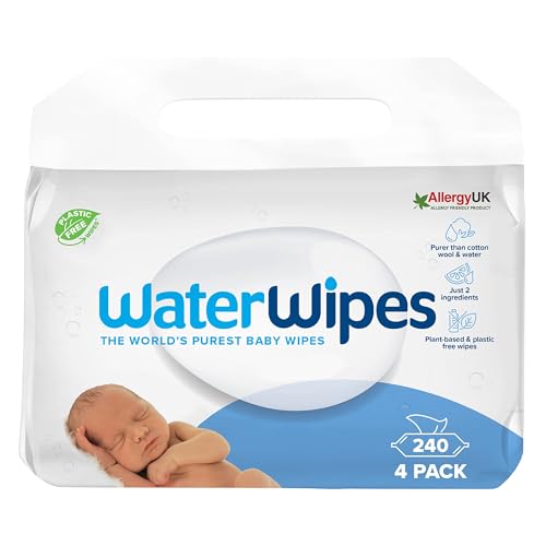 WaterWipes Toallitas húmedas Originales para Bebés, Sin Plástico, 240 unidades (Paquete de 4), 99,9% Base de Agua, y Sin Perfume para Pieles Sensibles