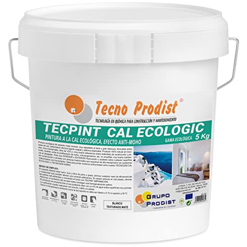 Tecno Prodist TECPINT CAL ECOLOGIC (5 Kg) Pintura a la cal exterior e interior al agua, 100% Natural, permeable y impermeable, Paredes y Techos, Transpirable. Fácil Aplicación- Sin olor (BLANCO)