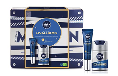 NIVEA MEN Hyaluron Pack Cuidado Facial Antiedad Hombre, Pack de Hombre con Crema Facial Antiedad Protección Solar FP15 (1 x 50 ml), Contorno de Ojos (1 x 15 ml), Caja de Regalo Metálica