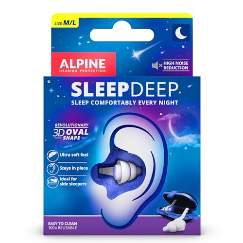 Alpine SleepDeep - Tapones para los oídos para dormir – Nueva forma ovalada – Gel antiruido integrado – Comodidad y atenuación al máximo con filtros flexibles (talla M/L)