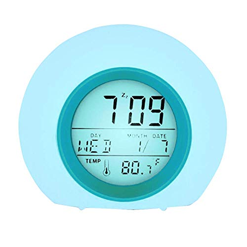YUES Reloj Despertador Digital para niños, LED Reloj Alarma con 7 Colores Cambio de luz con Calendario y Termómetro, Control táctil Junto a la Cama,Azul