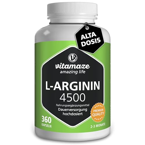 Vitamaze L-Arginina 4500 mg Altamente Concentrada, 360 Cápsulas, Adecuado para las Personas Alérgicas, Pura Natural L-Arginine HCL sin Aditivos Innecesarios, Calidad Alemana