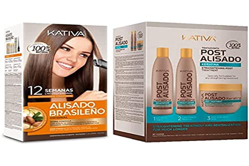 Kativa Kit Alisado Brasileño + Post Alisado (Champú, Acondicionador y Mascarilla) | Tratamiento Profesional en casa - Keratina - Sin formol