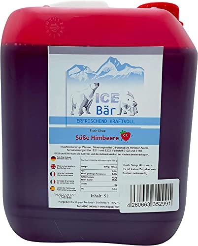 ICE Bär SLUSH Jarabe Concentrado de Frambuesa Dulce Granizado/Slush, SIN AZO, Hielo 5 Litros Rinde 30 Litros de Granizado Rojo 1L (Paquete de 1)
