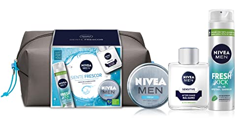 NIVEA MEN Neceser Frescor & Hidratación Instantánea, Set para Hombre, Pack con Crema Gel Facial (1 x 75 ml), Gel de Afeitar (1 x 200 ml) y Bálsamo After Shave (1 x 100 ml)