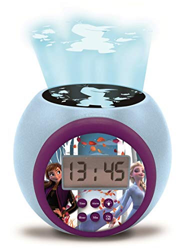 Lexibook Reloj despertador con proyector Disney Frozen 2 Anna Elsa con función de repetición y alarma, luz nocturna con temporizador, pantalla LCD, batería, azul/púrpura, color