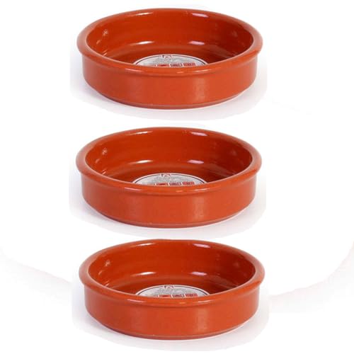 Tradineur - Pack de 3 cazuelas redondas de barro - Aptas para vitro y horno - Ideales para guisos y asados caseros – Ø 14 cm