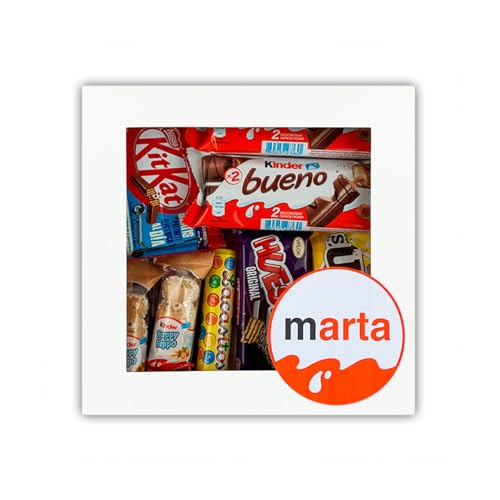 Pack Caja Regalo Personalizado con Nombre Chocolatinas Kinder Lacasito M&M Huesitos kit kat Happy Hippo Bueno Choco