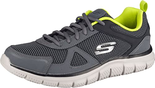 Skechers Track Bucolo, Zapatillas de Running Hombre, Charcoal & Black Leather/Mesh/Lime Trim, 43 EU