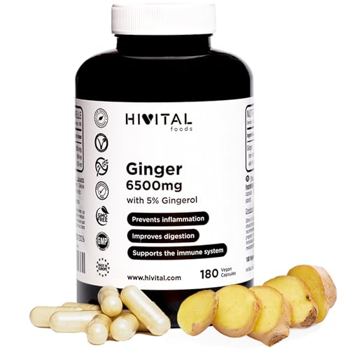 Jengibre 6500 mg. 180 cápsulas veganas para 6 meses. Extracto Natural de Jengibre al 5% en Gingeroles aportando 32,5 mg por cápsula. Previene la inflamación y mejora la digestión y el sistema inmune.