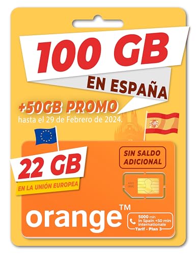 Orange Spain - Tarjeta SIM Prepago 100GB en España| 5.000 Minutos Nacionales | 50 Minutos internacionales | Activación Online Solo en marcopolomobile .com