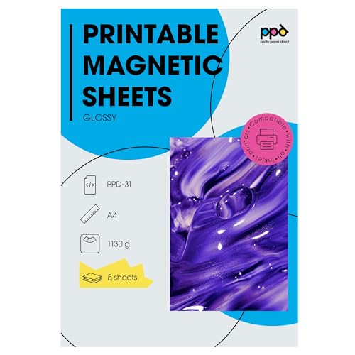PPD Inkjet - A4 x 5 Hojas de Papel Fotográfico Magnético Brillante - Imán Imprimible Personalizable - Recortable con Tijeras Domésticas - Para Impresora de Inyección de Tinta - PPD-31-5