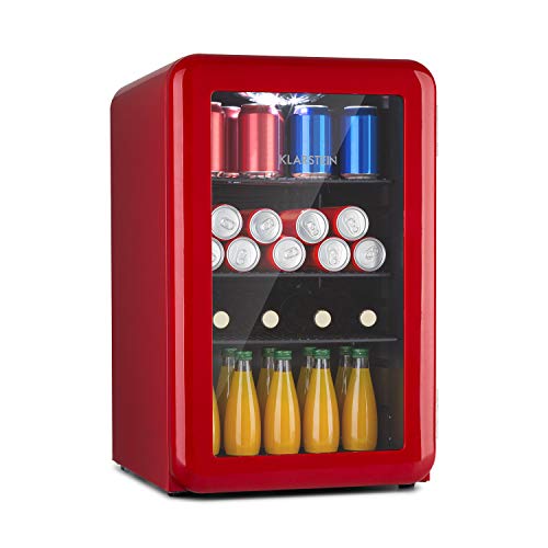 Klarstein Poplife Nevera de Bebidas - Nevera Retro, Mininevera, Puerta con Doble acristalado, Iluminación LED, Solo 39 dB, 0-10°C, 70 litros, Rojo