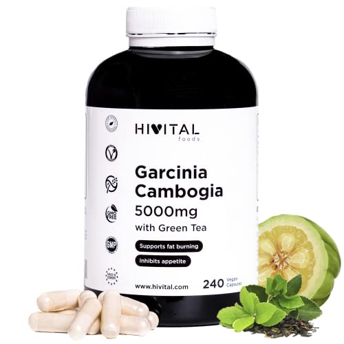 Garcinia Cambogia 5000 mg. 240 cápsulas veganas para 4 meses. Garcinia Cambogia Natural al 60% en HCA con Té Verde Natural. Potente Quemagrasas Natural que inhibe el apetito y ayuda a adelgazar