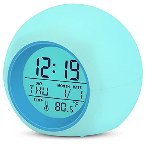 Reloj despertador infantil con 7 colores cambiantes, función de repetición, 8 tonos de timbre, 12/24 horas, control de una sola pasada, indicador de temperatura interior.