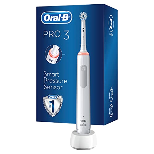 Oral-B PRO 3 3000 Sensitive Clean cepillo de dientes eléctrico,con modos de limpieza que incluyen control de presión sensible y visual de 360°para el cuidado dental,diseñado por Braun,blanco,1 unidad