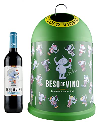 Pack - Cubo de Reciclaje Miniglú Ecovidrio con Diseño Beso de Vino + Botella Beso de Vino Syrah & Garnacha