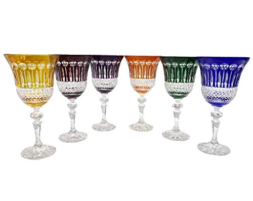 6 Copas de Agua y Vino de Cristal - 6 Colores variados - Service Roemer Diamant (22cl) - Artisan du Cristal - Caja de regalo - Firmado : Klein 54120 Baccarat France