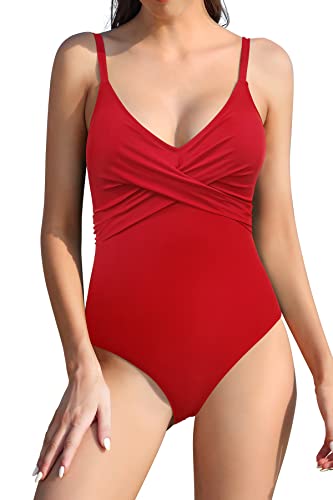 SHEKINI Traje de Baño de Una Pieza para Mujer Ajustable Cuello Bajo Halter Moda Adelgazamiento Control Abdomen Bikini de Una Pieza Deportivo Playa de Bañador(M,Rojo W)