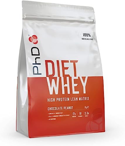 PhD Nutrition Diet Whey proteína en polvo, Proteína de suero de leche sabor chocolate peanut, 17 gr de proteína por porción, 40 porciones, Bolsa de 1 Kg