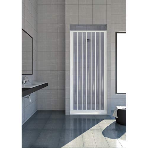 Mampara de ducha de 100 cm, modelo Jade extensible de PVC, puerta única con paneles semitransparentes, apertura lateral de fuelle color blanco.
