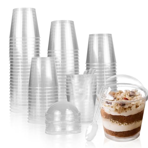 LIUCONGBD 50 mini tazas de postre de plástico con tapas y cucharas, tazas reutilizables para servir postres para fiestas, pudín de queso, helado, gelatina, yogurt (7oz/200 ml)