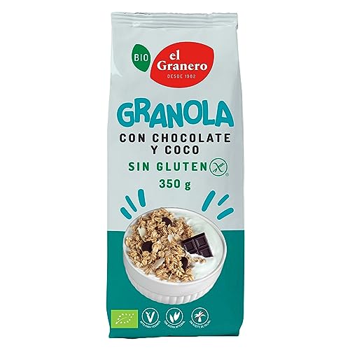 El Granero Integral - Granola con Chocolate y Coco sin Gluten BIO - 350 g - Fuente de Fibra y Nutrientes Esenciales - Mejora la Salud Intestinal - Ideal para el Desayuno - Apto para Veganos