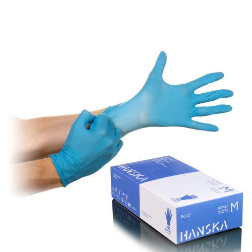 HANSKA Guantes desechables Nitrilo Azul - Sin Polvo - Desechables - Ambidextros - No estériles - Base de goma - Apto para ámbitos médicos, manipulación de alimentos (100, M)