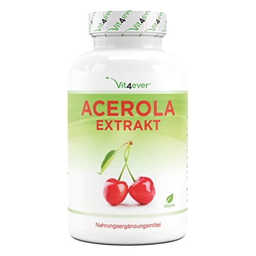 Cápsulas de Acerola - Vitamina C natural - 240 cápsulas para 8 meses - Premium: Altamente dosificado con 750 mg por cápsula - Sin aditivos indeseables - Probado en laboratorio - Vegano