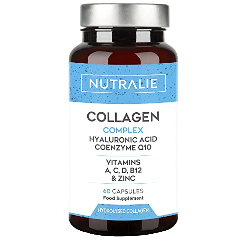 Colágeno + Ácido Hialurónico + Coenzima Q10 + Vitaminas A, C, D y B12 + Zinc | Articulaciones Fuertes, Piel Tersa y Energía | Colágeno Hidrolizado 60 cápsulas Nutralie (Sin colorantes)