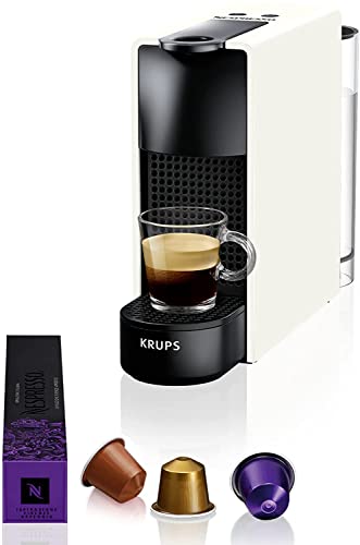 Krups Nespresso Essenza Mini XN1101 - Cafetera monodosis de cápsulas Nespresso, compacta, 2 programas de café,19 bares, apagado automático, color blanco, incluye kit bienvenida