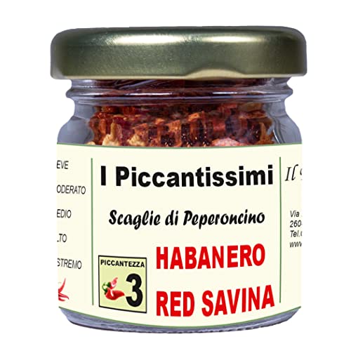 I Piccantissimi - Pimiento HABANERO ROJO muy picante en tarro (15gr) - Chile en hojuelas de larga vida útil - Pimiento habanero cultivado en Italia (500.000 SHU)