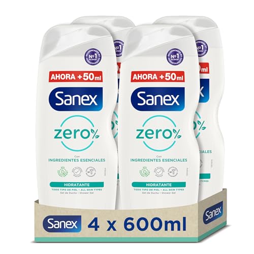 Sanex Zero% Hidratante Gel de Ducha, Pack 4 Uds x 600ml, Todo Tipo de Pieles, Gel de Baño Vegano, 99% Biodegradable, 0% Sulfatos, 0% Colorantes, 0% Microplásticos