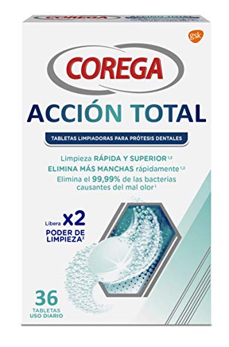 Corega Acción Total Tabletas Limpiadoras para Prótesis Dentales, Férula Dental y Ortodoncia, Uso Diario, 36 Tabletas