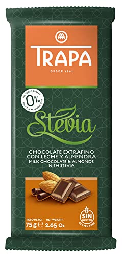 TRAPA - STEVIA. Chocolate Con Leche y Almendras Extrafino . Con Stevia, Sin Gluten y 0% Azúcares Añadidos. - 75 gr