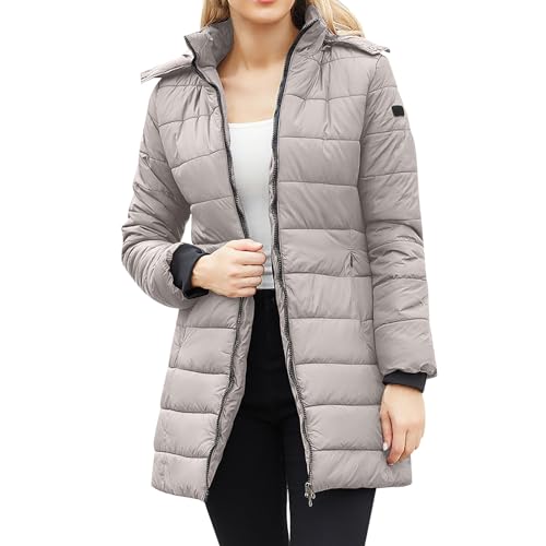 OCCOKO Chaqueta acolchada de algodón para mujer con capucha desmontable, abrigo medio acolchado de algodón cálido para otoño e invierno (Grey, M)
