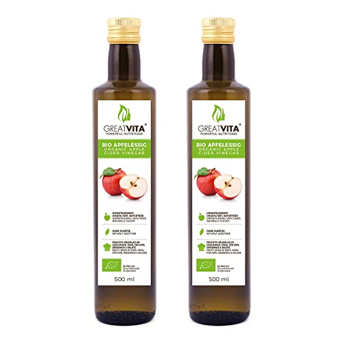 MeaVita Vinagre de Sidra Orgánico de Manzana, natural turbio y sin filtrar con nuez de vinagre, paquete de 2 (2 x 500 ml)