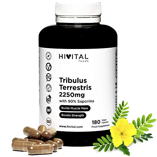 Tribulus Terrestris 2250 mg | 180 cápsulas veganas | 90% Saponinas | Aumenta la testosterona, la masa muscular, la fuerza, resistencia y energía, y ayuda a la recuperación muscular