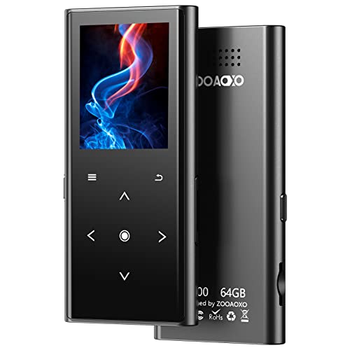 ZOOAOXO 64GB Reproductor MP3, Reproductor de Música con Bluetooth 5.2, Altavoz HD Incorporado, Radio FM, Grabadora de Voz, Diseño Mini, Sonido de HiFi, Ideal para Deportes, Auriculares Incluidos