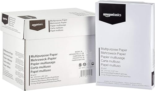 Amazon Basics Papel multiusos para impresora A4 80gsm, 2500 Unidad, 5 Paquetes de 500, Blanco