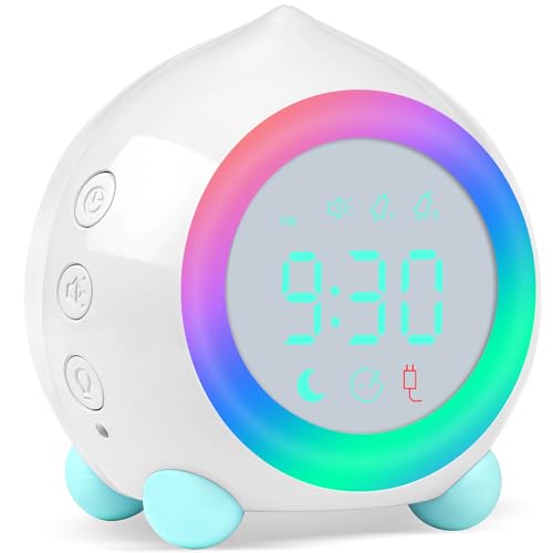 Ayybboo Reloj Despertador Infantil Digital, Simulador de Amanecer Despertador para Niños con Luces Colores y Lámpara de Luz Nocturna Silencioso (Blanco)