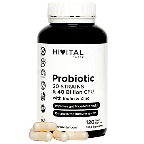 Prebióticos y Probióticos20 cepas 40 mil millones de UFC con Inulina y Zinc. 120 cápsulas veganas gastroresistentes para 2 meses. Para mejorar la salud gastrointestinal y el sistema inmune.