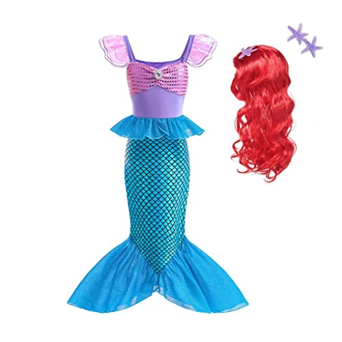 Lito Angels Disfraz Vestido Sirenita Princesa Ariel Sirena con Peluca de Pelo para Niñas Talla 5-6 años, Azul Morado (Número de etiqueta 130)