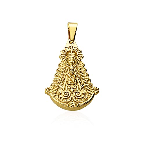 AVANCY Virgen del Rocío Medalla Colgante Unisex Acero 316 L. Chapado Oro 18 Klt. Silueta Tamaño 25 x 35 mm.