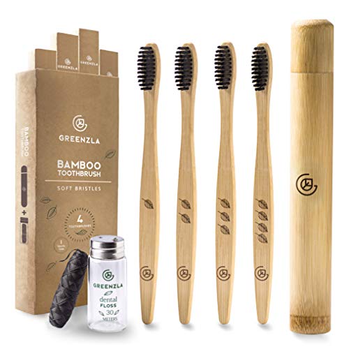 Greenzla Cepillos de Dientes de Bambú (Kit de 4) con estuche de viaje e hilo dental de carbón | Cerdas suaves sin BPA | Juego de cepillos de dientes de bambú natural y ecológico | Biodegradables
