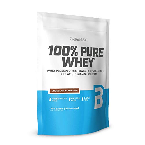 BioTechUSA 100% Pure Whey, Complejo de suero de leche con bromelina, aminoácidos, sin azúcar añadido, sin aceite de palma, 454 g, Chocolate