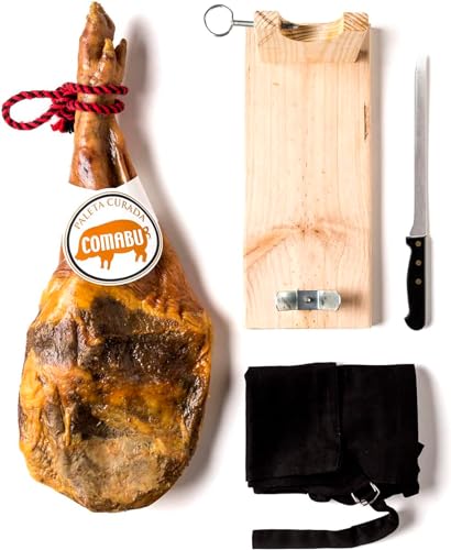Comabu - Kit con Paleta 50% Duroc, Jamonero, Cuchillo y Delantal - Ideal para Regalar - Para Degustar en Casa - Sorprende a tu Pareja y Amigos